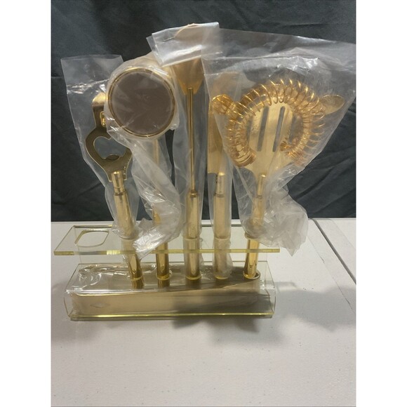 Vintage MCM Gold Tone Bar Set With Lucite Stand - Picture 1 of 4